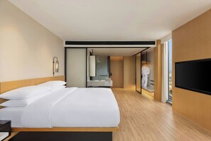 Une chambre d’hôtel moderne dotée d’un grand lit, d’une télévision et d’une salle de bain avec miroir, et offrant une vue sur la ville.