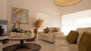 A modern living room with a sofa, a coffee table, and a TV.