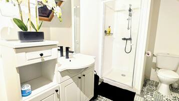 Douche, serviettes fournies, savon, papier toilette