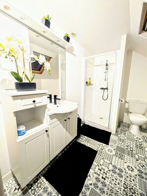 Dusche, Handtücher, Seife, Toilettenpapier
