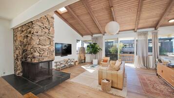 Smart-TV, Kamin, Bücher, Musikbibliothek