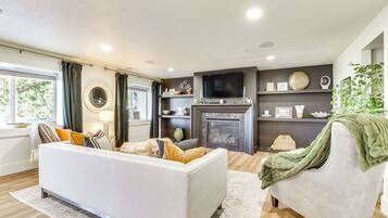TV, fireplace, DVD player, books