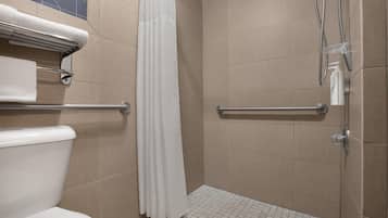 A modern bathroom with a shower, grab bars, and a toilet.