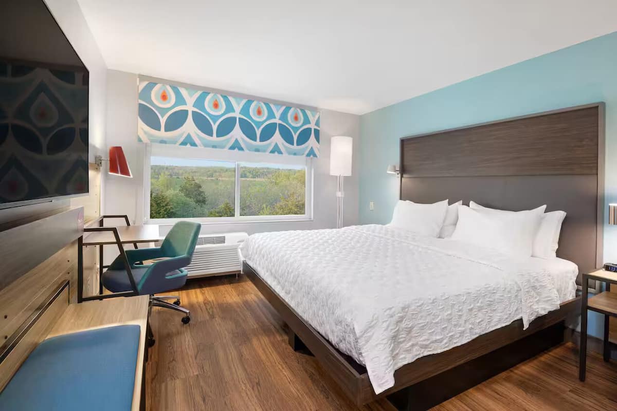 A hotel room with a large bed, a desk with a chair, a TV, and a window with a view of greenery.