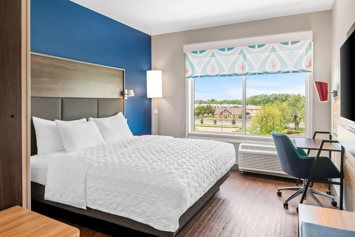 A hotel room with a large bed, a desk, and a window with a view of buildings and trees.