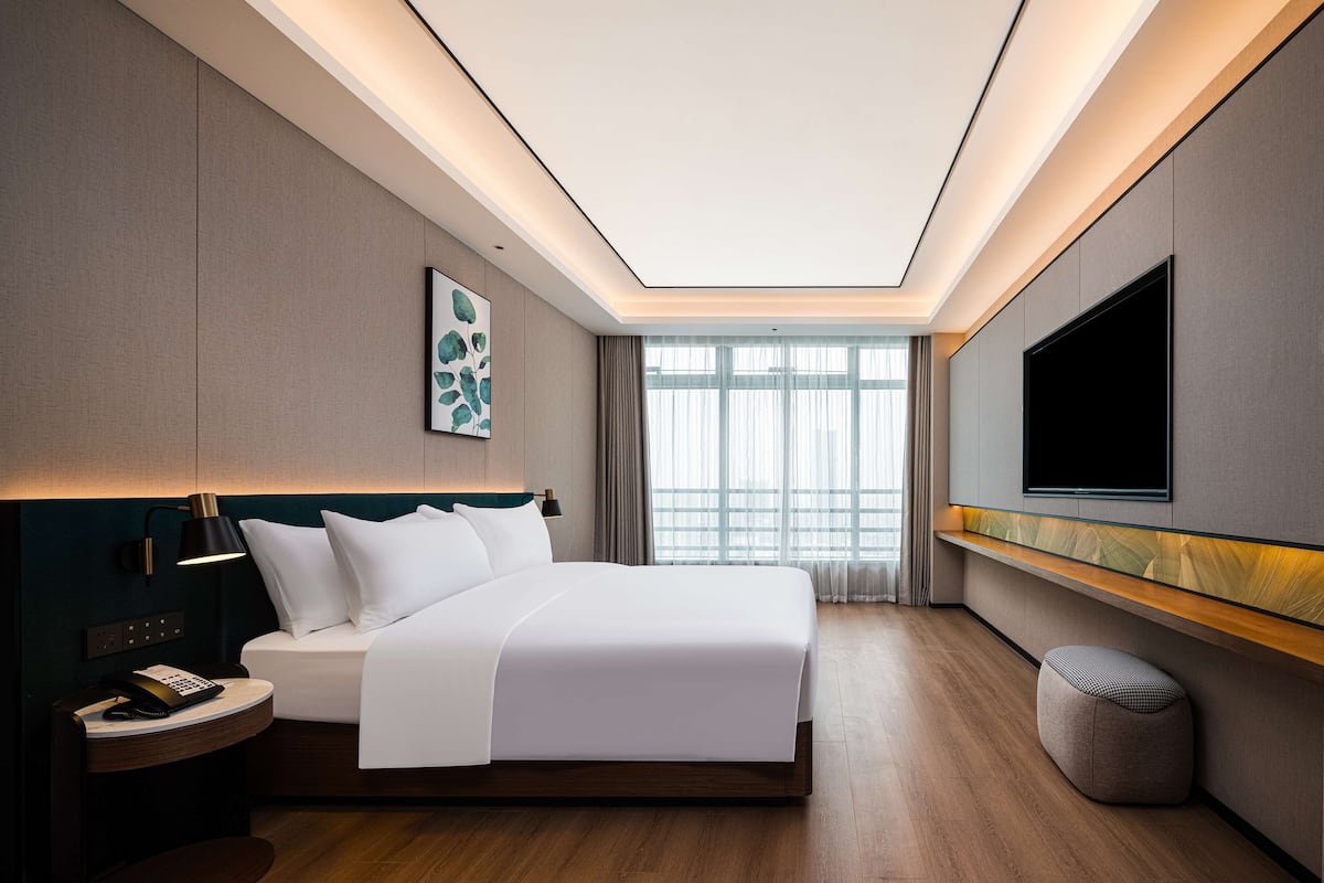 A modern hotel room with a large bed, a flat-screen TV mounted on the wall, a bedside table with a lamp, and a window with curtains.