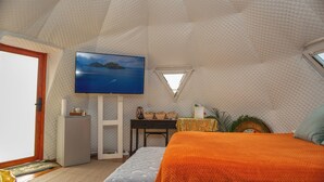 Un dormitorio con cama, televisión, escritorio y un refrigerador pequeño.