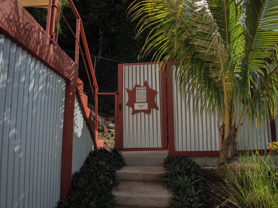 Una entrada con portón, un letrero con forma de estrella, una escalera de metal y una palmera.