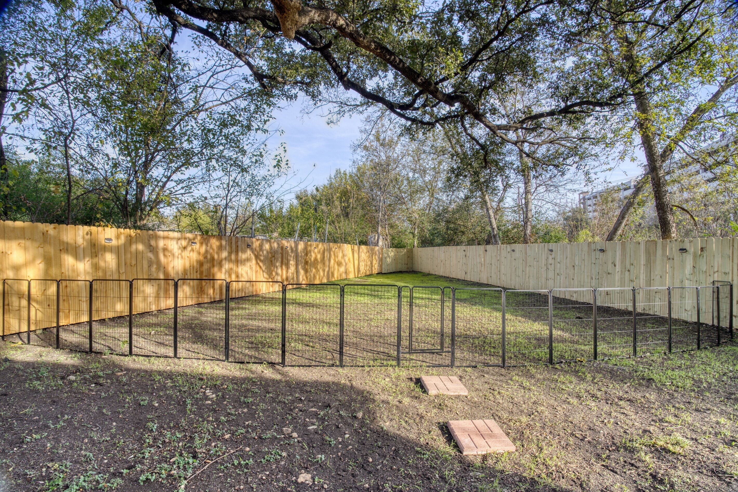 A fenced outdoor area with a dirt ground, surrounded by trees and a wooden wall.