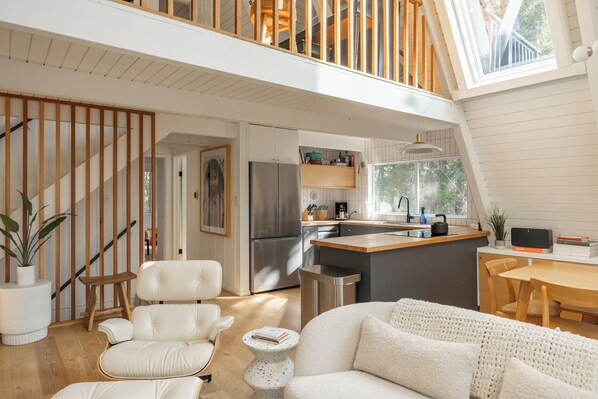 Smart TV, fireplace, books, music library