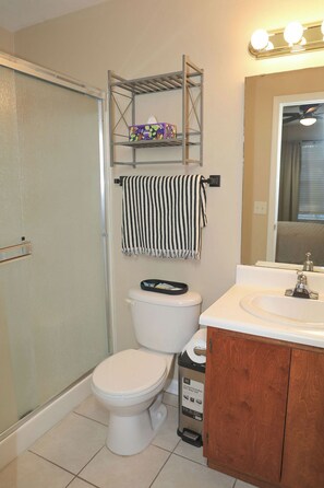 Hair dryer, towels, soap, toilet paper