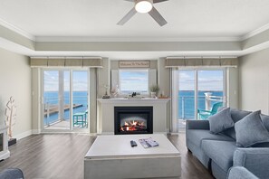 Smart TV, fireplace, books