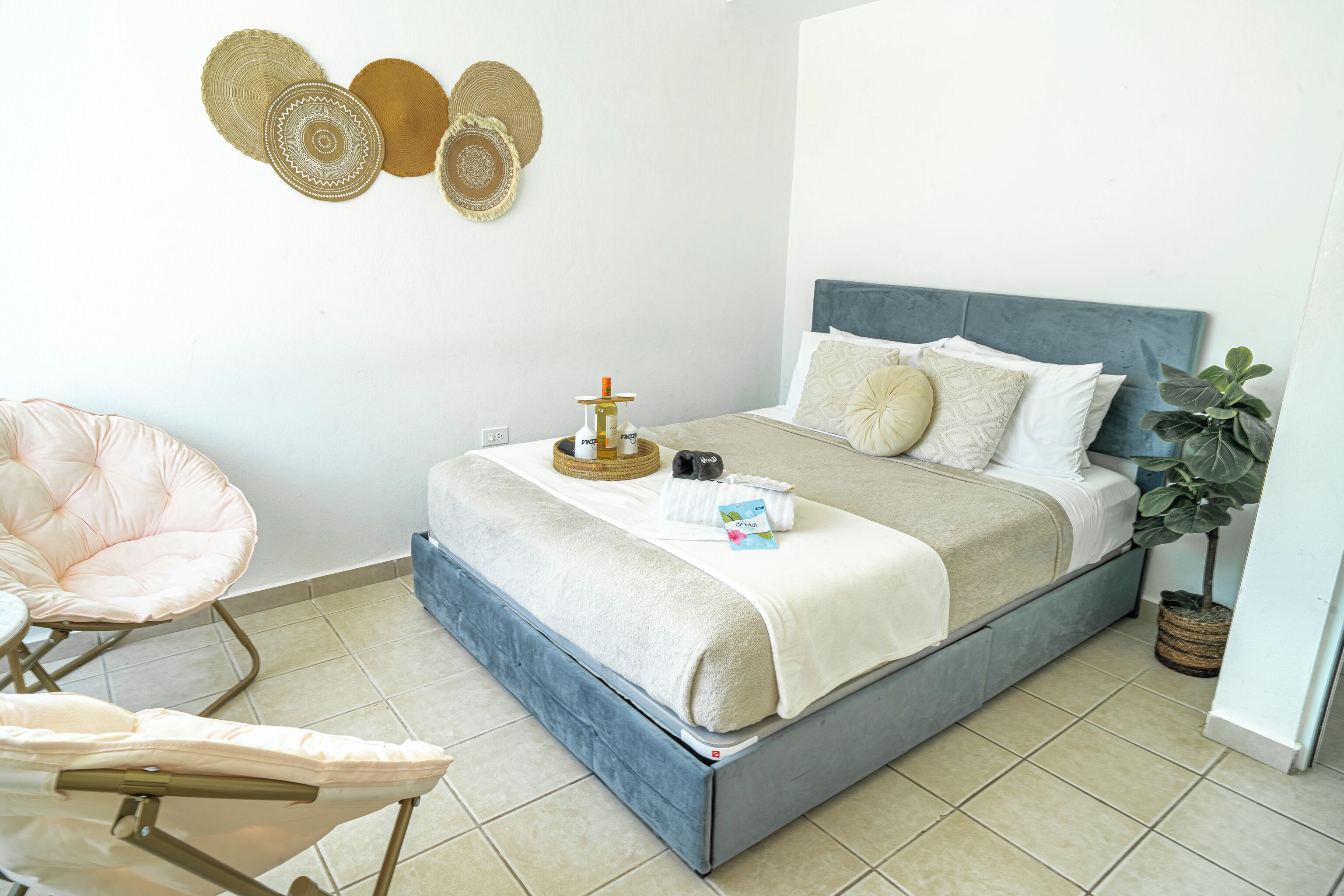 A neatly arranged bedroom with a bed, a chair, and a potted plant.