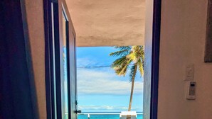 A doorway leading to a tiled patio with a palm tree and a view of the ocean. - Modern Oceanfront Apartment  (Arecibo)