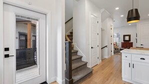 A modern interior with a staircase, white cabinetry, and a pendant light. - Powder Mountain Ski Retreat, an art-inspired townhome in the heart of Eden (Eden)