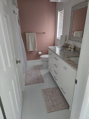 A bathroom with a toilet, sink, and mirror. There are two rugs on the floor. - Great location  (Fort Myers)