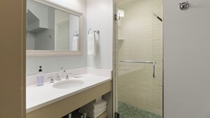 A modern bathroom with a white sink, a large mirror, and a glass-enclosed shower area. - The Townsman: Meriwether Room (Charlottesville)