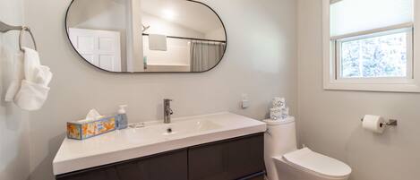 A bathroom with a white sink, dark cabinets, a toilet, and a large mirror.