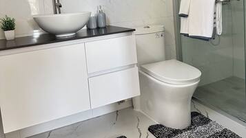 Shower, towels, soap, toilet paper