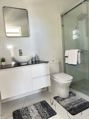 Shower, towels, soap, toilet paper - The Cozy Curve: Full 2 Br 2 Bth Apartment in Central location in Kingston (Kingston)