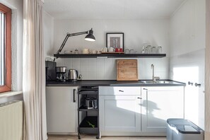 Fridge, microwave, coffee/tea maker, electric kettle