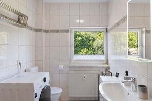 Shower, hair dryer, towels