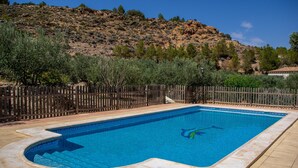 A rectangular swimming pool with a tiled edge, surrounded by a wooden fence, and a mountain backdrop.