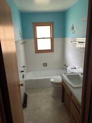 Shower, hair dryer, bidet, towels