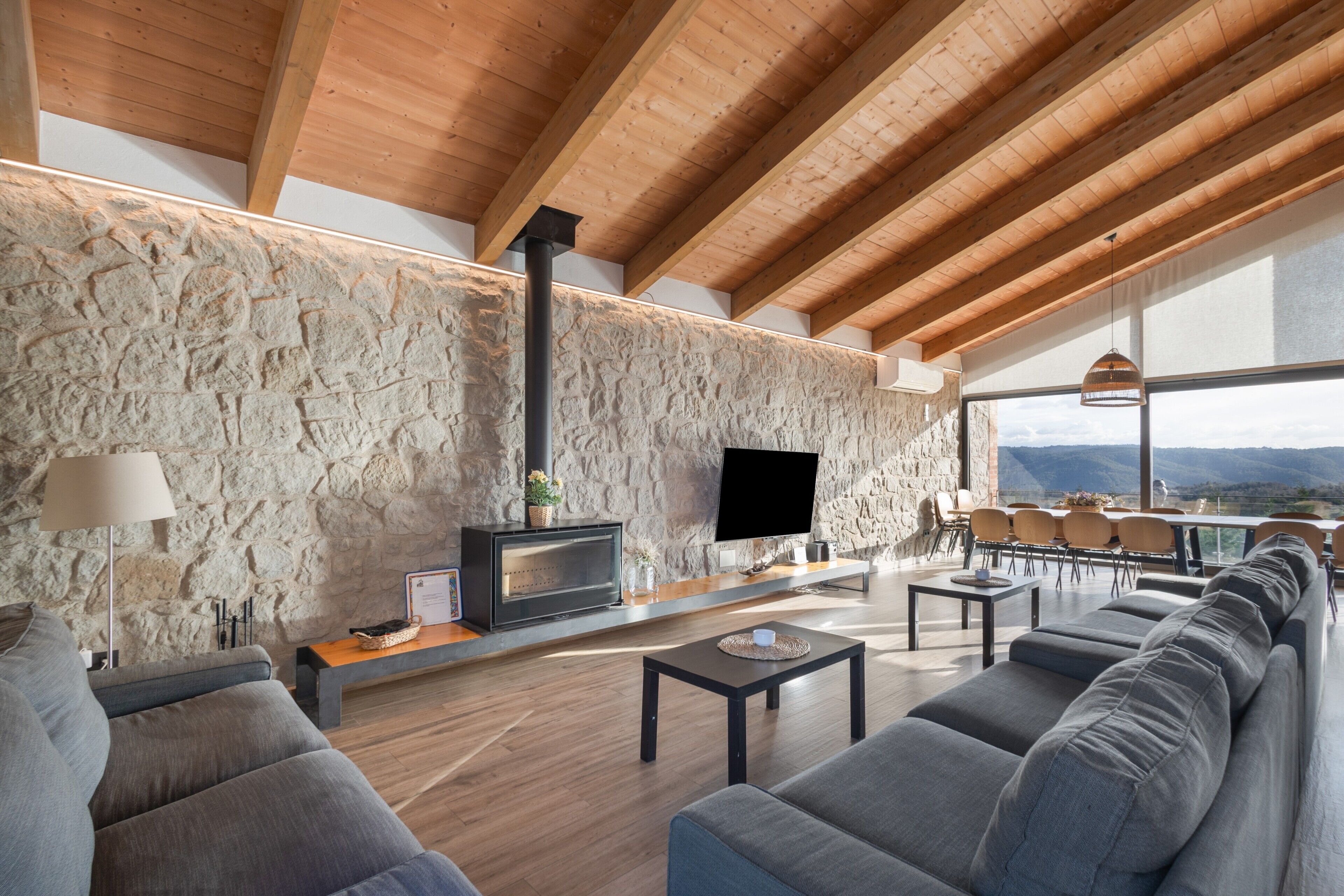 Televisión, chimenea, reproductor de DVD, mesa de ping pong