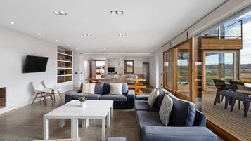 Télévision, cheminée, lecteur de DVD, table de tennis de table