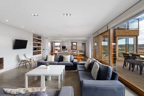 Télévision, cheminée, lecteur de DVD, table de tennis de table