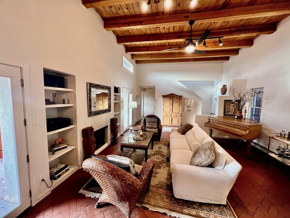 TV, fireplace, books