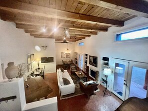 TV, fireplace, books