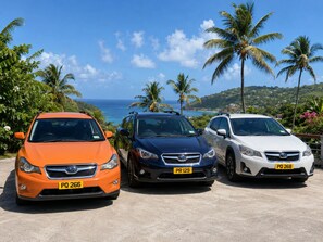 Three cars parked on a concrete surface with a scenic view of the ocean and palm trees in the background.