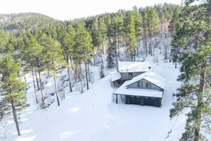 Eine zweistöckige Holzhütte in einem verschneiten Wald mit freiem Blick auf die umliegenden Bäume und einer überdachten Auffahrt.