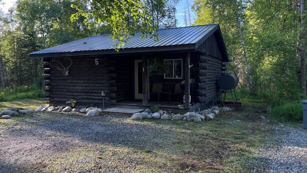 A rustic cabin with a metal roof, a porch with chairs, and a number '5' on the door.