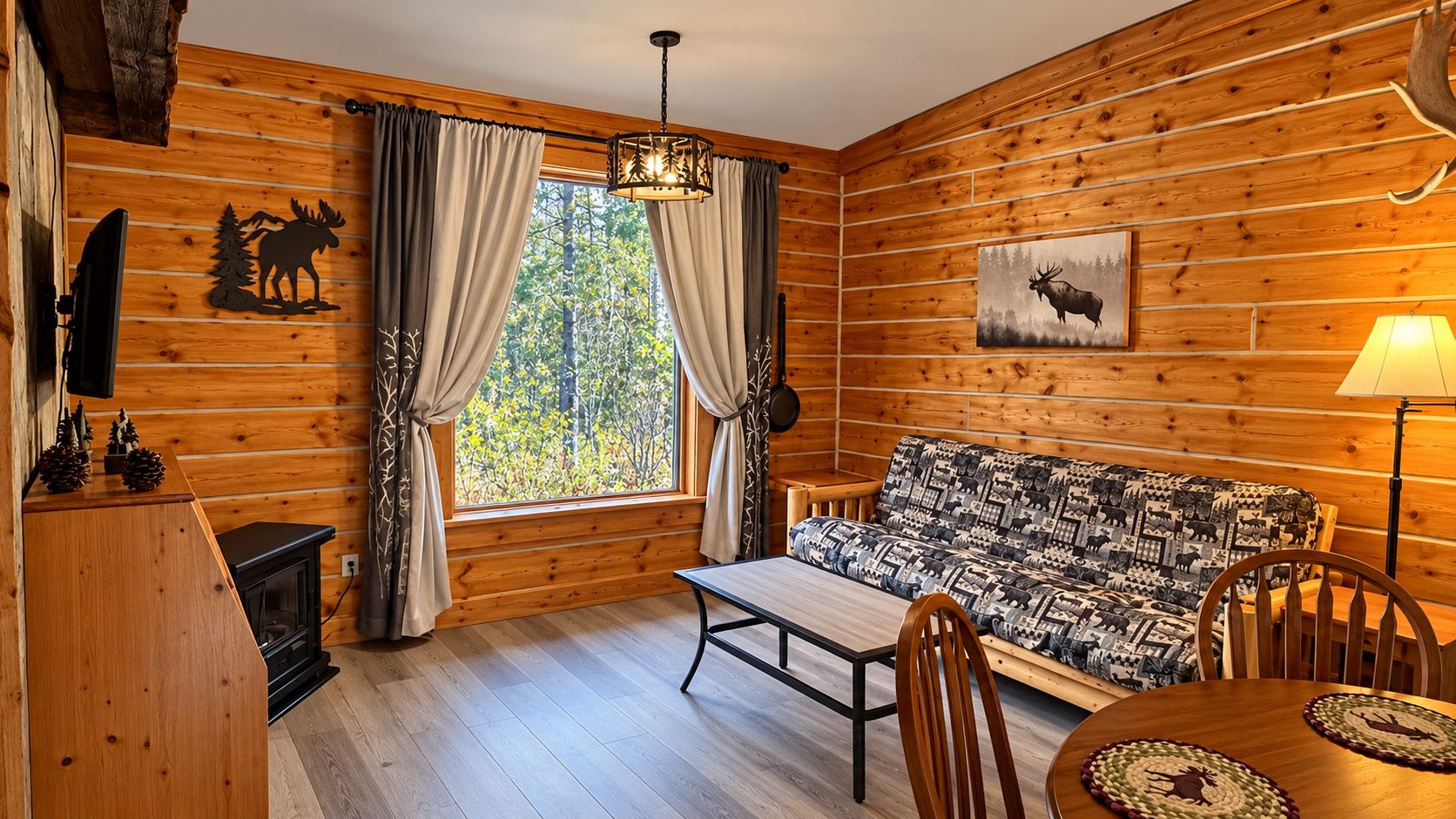 A cozy cabin interior with a sofa, dining table, and a fireplace.