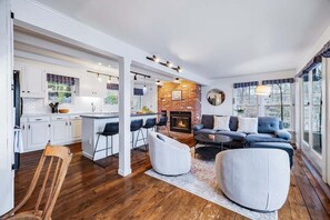 Smart TV, fireplace, books