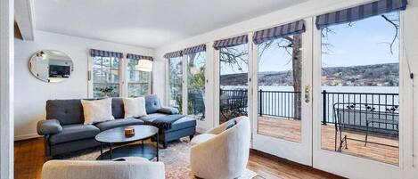 Smart TV, fireplace, books