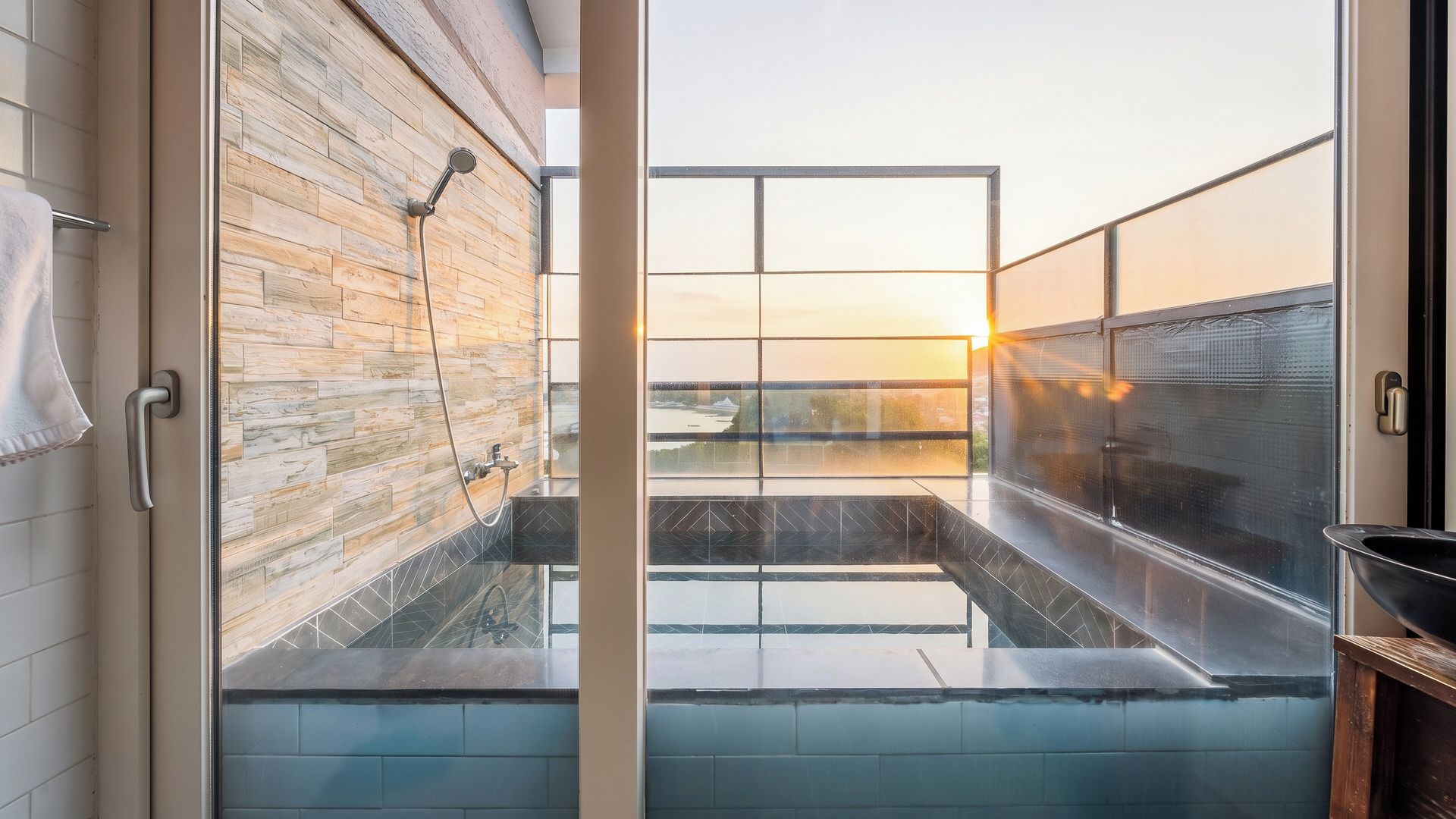 Ein modernes Badezimmer mit Dusche, Blick auf den Sonnenuntergang und einem großen Fenster.