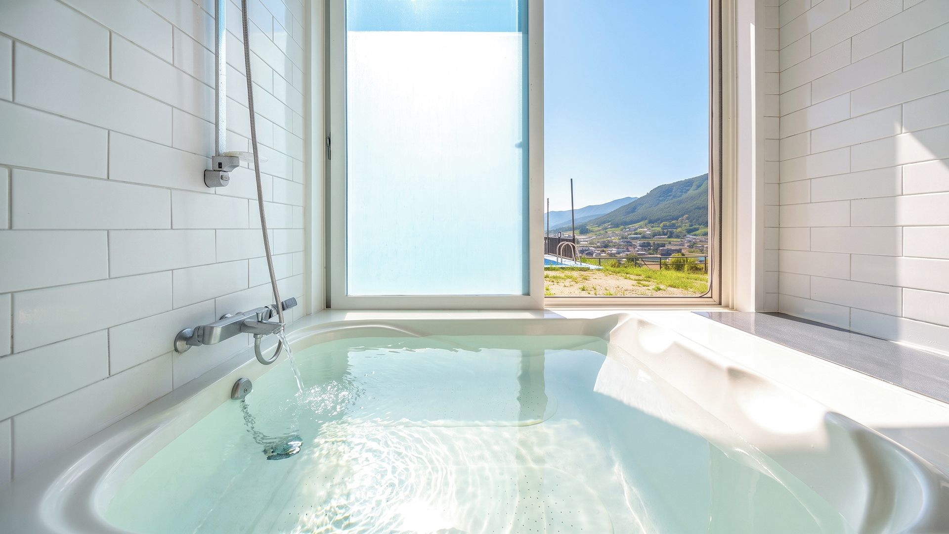 Un baño con bañera, ventana y vistas al paisaje.
