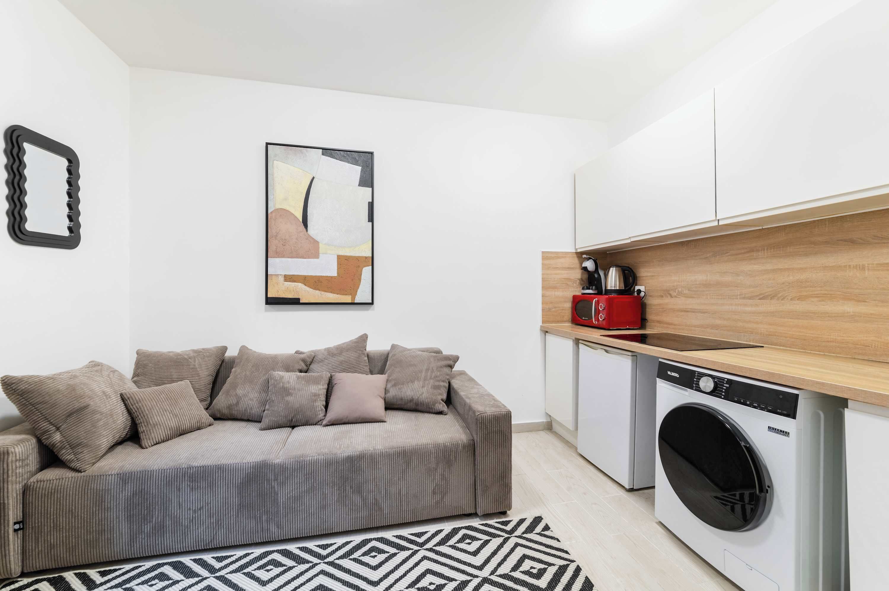 Ein kompakter Wohnraum mit einer Couch, einer Waschmaschine und einer Mikrowelle.
