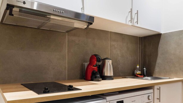 A compact kitchen with a built-in dishwasher, a stovetop, and a coffee maker. - Studio agreable et bien placee - Paris 18 - 2P (Paris)