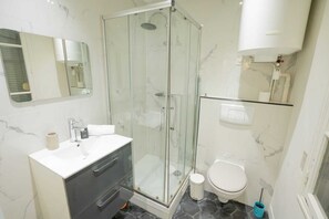 Shower, hair dryer, towels