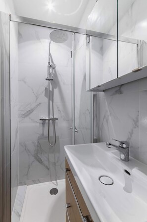 Shower, hair dryer, towels