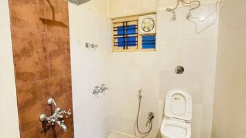 Shower, bidet, towels, soap