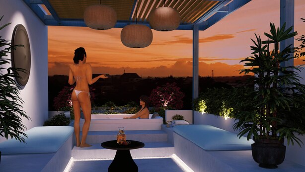 A modern outdoor lounge area with a pool, seating, and a view of the sunset. - BrandNew Luxury Villa Nyanyi 3 (Tabanan)