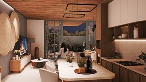 A modern kitchen with a central island, wooden cabinetry, and a view of the outdoors. - BrandNew Luxury Villa Nyanyi 3 (Tabanan)