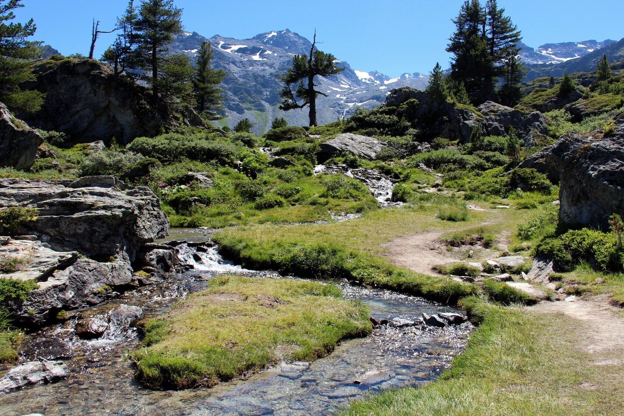 Un paysage montagneux avec un ruisseau, un terrain rocheux et une végétation clairsemée.