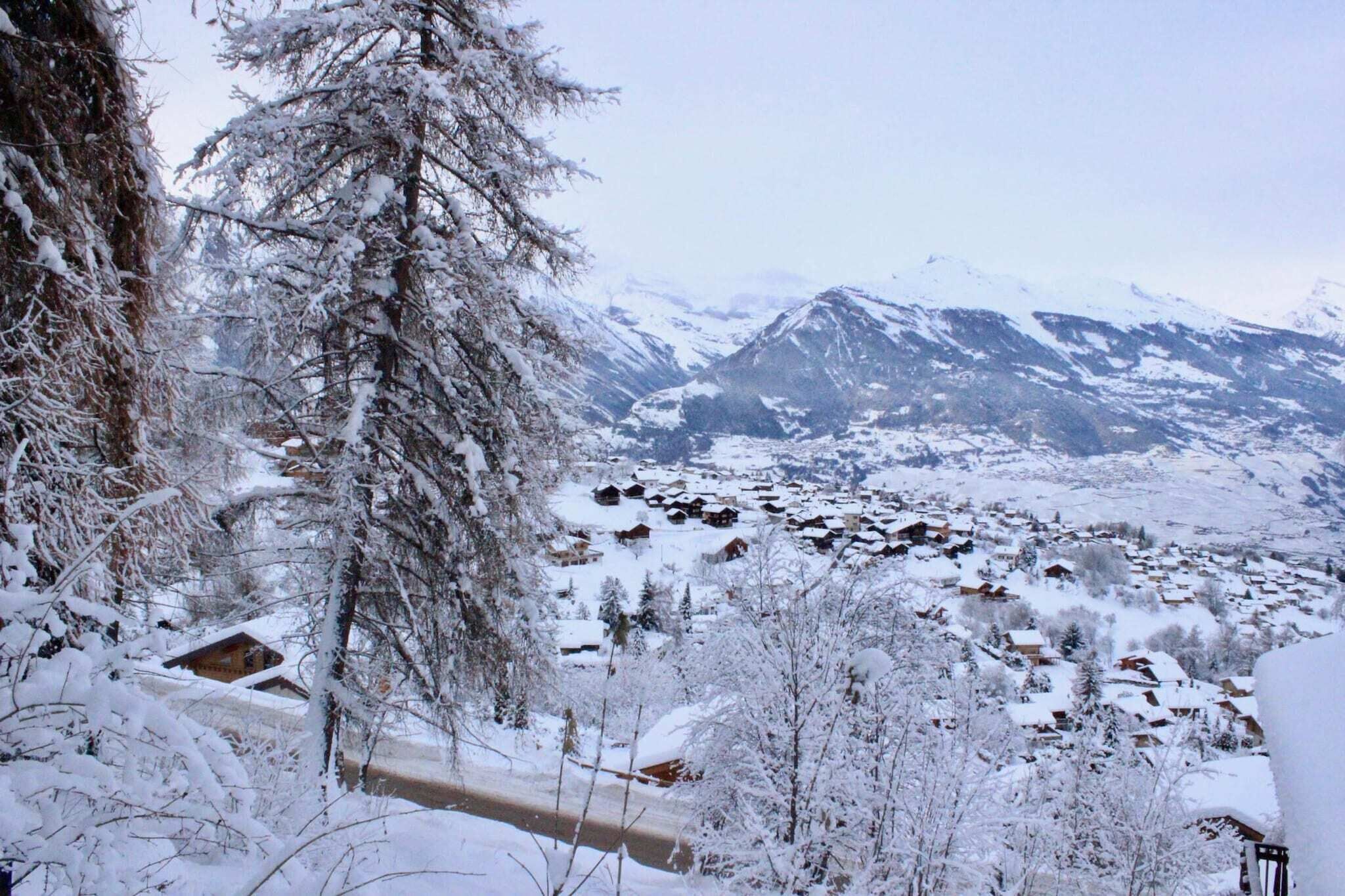 Un village de montagne enneigé, avec des maisons traditionnelles et une route qui traverse la vallée.